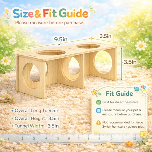 Wooden Hamster Tunnel with Multiple Holes – Natural Hideout Tube, DIY Assembly, Playground for Dwarf, Small Syrian Hamsters & Gerbils (9.5" x 3.5" x 3.5")