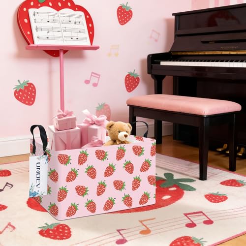 Rectangular Fabric Storage Bin, Foldable Strawberry print Basket | Damp-proof canvas with reinforced stitched handles.Great for clothes,books and sundries in closets,playrooms,laundry rooms. - color: REC Strawberry
