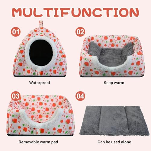 Warm Rabbit Hideout, Washable Strawberry Fleece Hut for Guinea Pigs | Hideaway House with Strawberry Design, Cozy Fleece Hut for Indoor Rabbits Guinea Pigs and Other Small Animals