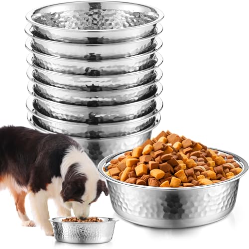 Teenyyou 8 Pcs Hammered Stainless Steel Dog Bowls 8 Cup/64 oz, 8.5 Dia Metal Pet Food and Water Bowls Bulk Thickened Durable Replacement Dish for Small Medium Large Dog (Silver) - size: 8 Cup/64 Oz, 8.5 Dia