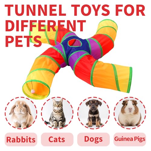 Pet Cat Tunnel, 4 Way Tunnels for Indoor Cats, Collapsible Pet Tunnel for Kitten, Puppy, Rabbit, 25cm-Wide Tunnels, Durable & Breathable, with Peek Hole Toy Ball - color: Angled 4-way Junction Tunnel & Rainbow