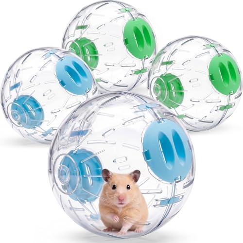 4 Pcs Hamster Exercise Ball, 5.7 Inch Guinea Pigs Running Ball Transparent Plastic Hamster Wheel for Dwarf Hamsters, Gerbils, Small Pets to Reduce Boredom and Increase Activity, Blue & Green