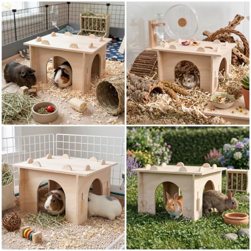 Guinea Pig Hideout, Large Wooden Guinea Pig House Hut, Bunny House | 8mm Premium Thickened Boards, Spacious Room & Multi-Opening for Better Ventilation, Tool-Free Assembly, Sturdy Construction - size: Style 1: 11.8 x 11 inches