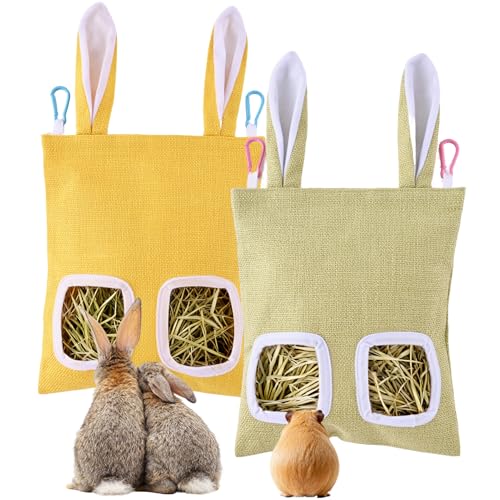 2 Pack Rabbit Guinea Pig Hay Feeder, Cute Bunny Hay Bag, Hanging Hay Holder for Guinea Pig Cage, Hay Feeder for Rabbits Chinchillas Hamsters Small Pets and Animals (Yellow & Green)