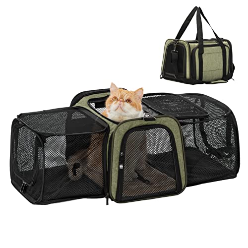 Petsfit Pet Carrier Airline Approved, Cat Carrier with Locking Zipper and Shoulder Strap, Storage Pockets, Expandable Pet Carrier Small Dog Carrier up to 15 Pounds Army Green M - color: Green, size: 17.0"L x 11.0"W x 11.0"H