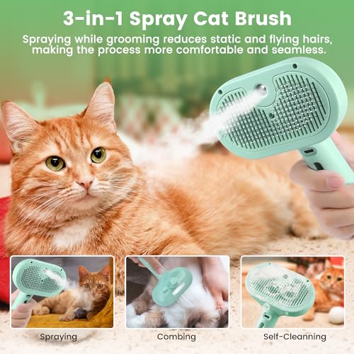 3 in 1 Cat Steam Brush, Pet Spray Hair Removal Comb for Shedding & Grooming, Water Brush for Cats Dogs Small Animals Long Short Haired with One-Click Release Button(Green) - color: Green