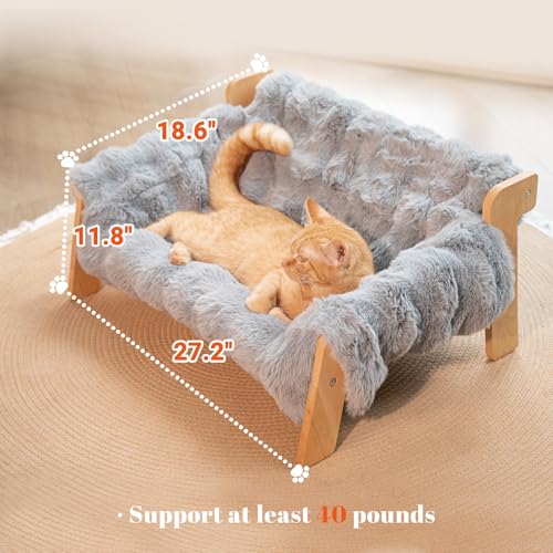 Elevated Cat Couch Bed Wooden Raised Kitty Sofa Lounge Chair | Washable Fluffy Cover Wooden Elevated Pet Furniture for Indoor Cats and Puppy(Dark Grey) - color: Cat Sofa-Dark Grey(Blue)
