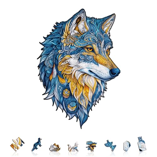 Animal 100 Pieces Wooden Puzzles for Adults - Vivd Wolf | Unique Shapes Wooden Jigsaw Puzzles, Birthday Decor Gifts for Wood Puzzle Lovers, Family (9.7 * 6.7in) - color: Vivd Wolf, size: Small