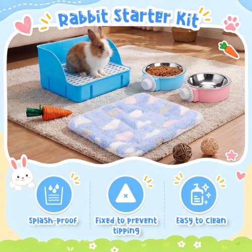 Reallnaive 15 Pcs Rabbit Starter Kit Small Rabbit Litter Box Girls Gift Animal Grooming Kit Bunny Toys Bowl Blankets with Cleaning Set for Guinea Pig Accessories(Bright Blue) - color: Bright Blue
