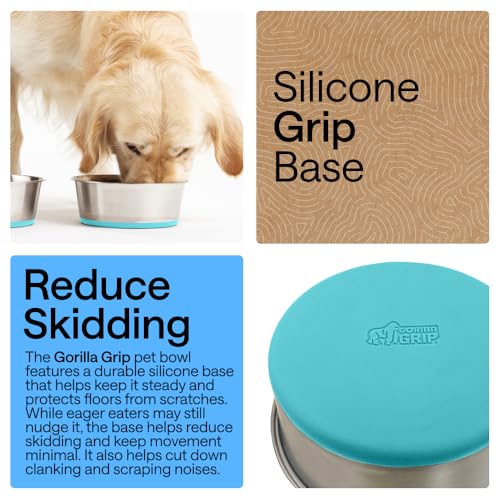 GORILLA GRIP Dog Bowl, Holds 2 Cups (16 fl oz), Food Grade 304 Stainless Steel Food and Water Bowl for Feeding Dogs and Cats, BPA Free Rubber Base, Easy Clean, Dishwasher Safe Rust Resistant Turquoise - color: Turquoise, size: 2 Cup (16 Oz)