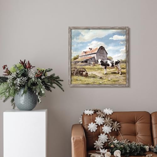 Farmhouse Wall Art Framed Picture: Rustic Barn Wood Print Decor Country Animal Cow Artwork Farm Scene Rural Painting Decoration for Bedroom Bathroom Home 16 x 16 Inches - color: Barn Cow, size: 16L" x 16W"