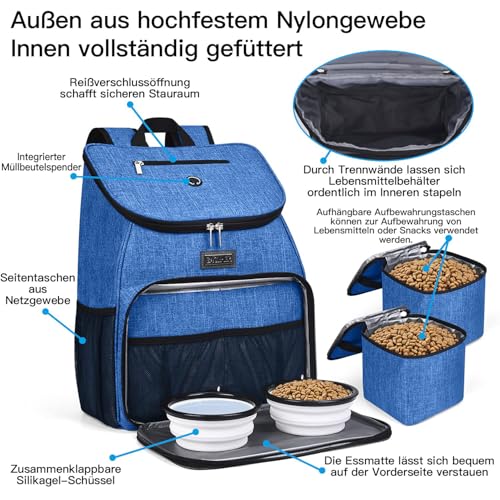 BAGLHER丨Dog Travel Bag, Airline Approved Pet Supplies Backpack, Dog Travel Backpack with 2 Silicone Collapsible Bowls and 2 Food Baskets - color: Blue-A
