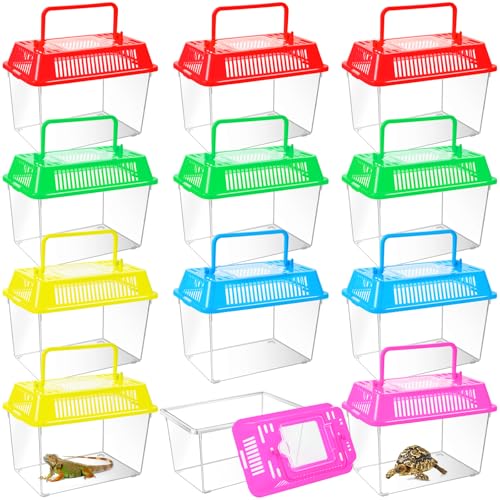 12Pcs Plastic Reptile Terrariums Carrier Cage, Tarantula Enclosure Snake Breeding Box Hatching Container Transparent Fish Tank Turtle Aquarium with Random Color Lid for Shrimp, S(5.9" x 3.5" x 4.3") - size: S