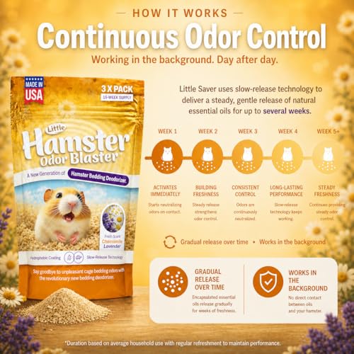 Hamster Odor Blaster | a New Generation Of Animal Bedding Deodorizer | Unique Slow Release Formula | Natural Fresh Scent - Lavender & Chamomile | Up to 15 Weeks Supply | 3 x 0.5oz bags