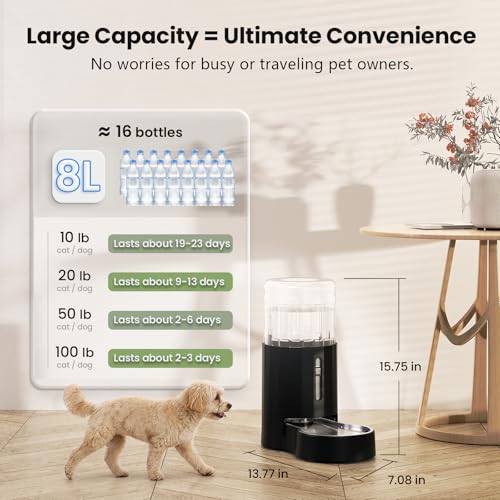 CZPET Dog Water Bowl Dispenser 8L, Wider Mouth Gravity Refilling (Black) | With Stainless Steel Bowl Gravity Waterer, Large Capacity and Drinking Area Noise-Free for Pets - color: Black