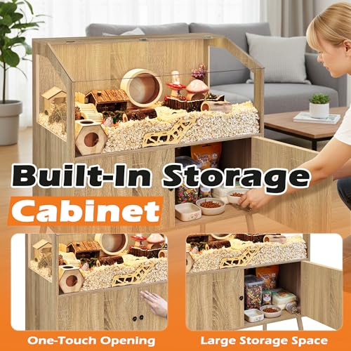 PROLEE Hamster Cage with Storage Cabinet,Large Hamster Encloure Chew Proof Wood,Clear View Hamster Habitat for Guinea Pig, Ferret, Rat, Hedgehog, 40" L x 20" W x 47" H (White Oak) - color: White Oak
