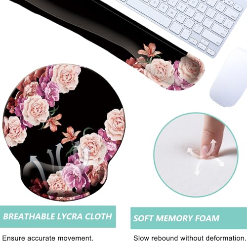 Keyboard Wrist Rest Pad Mouse Pad with Wrist Support Set of 3, Mousepad with Non-Slip Rubber Base, Ergonomic Memory Foam Mouse Wrist Cushion Support for Home Office Laptop Computer Gaming, Flowers - color: Flowers Pink