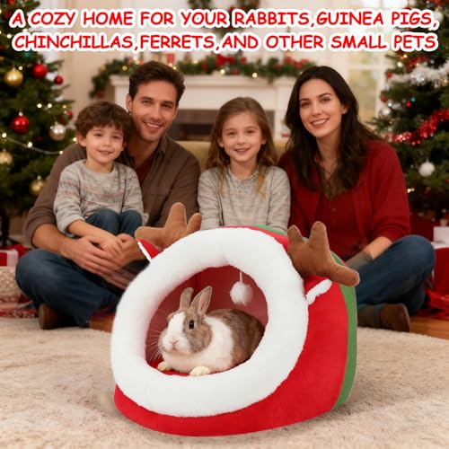 BWOGUE Christmas Guinea Pig Hideout, Washable Rabbit Cave, Winter Bunny Bed | Guinea Pig Christmas Cage Accessories, 13.8 in Large Rabbit Hideout, Machine-Washable Pad, Plush Fabric, Non-Slip Base - size: Large