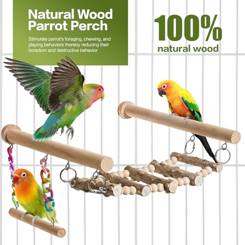 Bird Perches Ladder with Swing,Natural Wood Parrot Climbing Bridge Toys | Wood Climbing Ladder for Parakeet, Exercise Play Stand Parakeet Cage Accessories for Budgie Conure Lovebird Canary,A - color: A