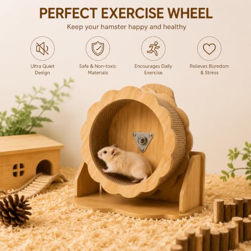 Wooden Hamster Wheel Silent Running Exercise Wheel with Stand Quiet Small Animal Wheel for Hamster Hedgehog Chinchilla Cage Accessories