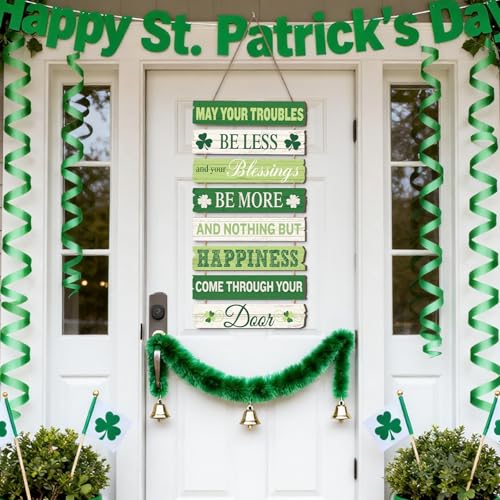 JarThenaAMCS St. Patrick's Day Door Sign Wooden May Your Troubles Be Less Irish Blessing Sign Shamrock Rustic Hanging Wall Decor for Indoor Outdoor Farmhouse Home Party Decor - style: St. Patrick's Day