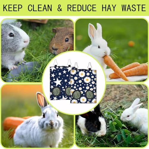 2Pcs 2 Styles Hay Feeder Bag for Bunny Guinea Pigs Chinchillas 11.6 x 9.1 Inch Small Animal Hay Bags with 2 Holes Blue Star Daisy Cloth Washable Hanging Pet Feeding Storage Cage Accessories - color: Star