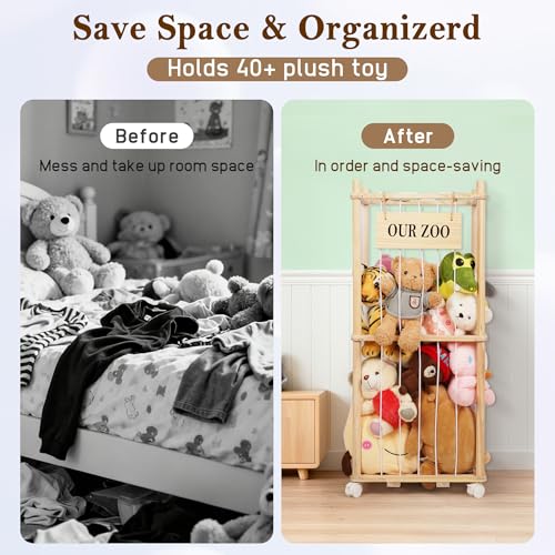 Stuffed Animal Storage Zoo, Wooden Stuffed Animal Organizer with Wheels | Stuffy Storage with Upgraded 5-Row Elastic Cords, Space-Saving Plush Toy Storage Holder for Playroom, Bedroom, Nursery - color: Wood, size: Small