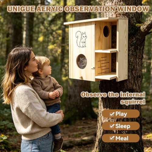 Large Squirrel House for Outside with Window, Wooden Squirrel Nesting Box | observation window, Dual Balconies, Lockable Front Panel, Extend the Eaves
