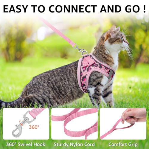 SCENEREAL Cat Harness & Leash Set Escape Proof - Adjustable Air Mesh Vest with Reflective Strips for Kittens, Puppies, Rabbits, Pink Leopard S - color: #2 Pink - Leopard, size: Small(Fit Chest 11.3-12.5in)