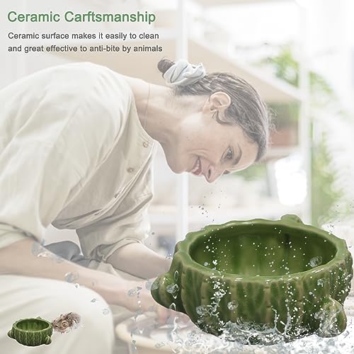 2 Pack Green Cactus Ceramic Hamster Food Bowl Anti-Tip Water Dish | Durable & Heavy Duty Ceramic Feeding Drinking Bowl for Gerbil Mouse Chinchilla Hedgehog Guinea Pig, Cute Desert Cactus Decor