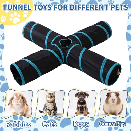 Pet Cat Tunnel, 4-Way Junction Tunnels for Indoor Cats, Collapsible Pet Tunnel for Kitten, Puppy, Rabbit, 25cm-Wide Tunnels, Durable & Breathable, with Peek Hole Toy Ball - color: 4-way Junction Tunnel & Black/Blue