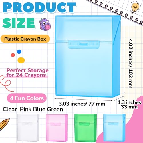 Clabby 4 Pcs Clear Plastic Crayon Boxes Hold 24 Count, Crystal | Organizer Box, Case, Colorful, Portable Storage Holder with Snap Lid, for Boys Girls Kids School Classroom Home Art Supply - color: Pink, Blue, Green, Clear