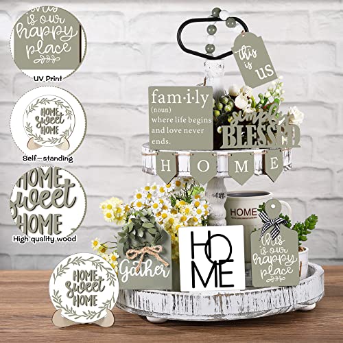 FairySandy 11 Pcs Home Tiered Tray Decor Spring Rustic Farmhouse Tiered Tray Decorations Set Sage Green Wooden Home Sign Vintage Farm Animal Farmhouse Tabletop Wood Sign for Kitchen Table Shelf Decor - style: Classic