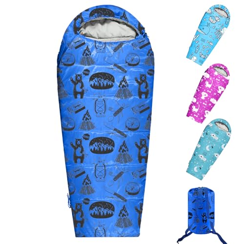 KidzAdventure Mummy Style 32 – 59F Kids Sleeping Bag with Pillow Sleeve, 4 Season, Lightweight and Backpacking Style, Ideal for Camping, Sleepover, Boys, Girls, and Youth - color: Blue kids up to 4'3"