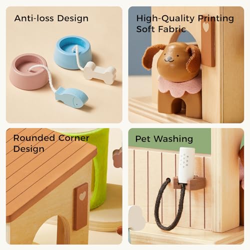 Tiny Land Wooden Dollhouse Animal Set for Toddlers, Dollhouse Accessories | Dolls House Furniture Sets for Toddlers, Montessori Pretend Play Family Pets Set Toys, Gift for Kids Age 3+