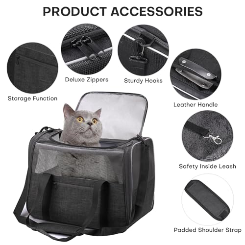 JUNGYOUN Premium Cat Carrier - Pet Carrier for Cat & Small Dogs up to 15lbs - Airline Approved Travel Dog Carrier with Anti-Escape Zippers, Collapsible Travel Bowl & Padded Strap - color: Dark Grey, size: 17.5"L x 12.4"W x 13.5"H