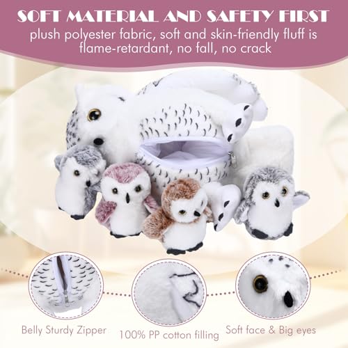 Hollowfly 5 Pcs Owls Plush Toy Gift Set 15.7" Mommy Snowy Owls with 4 Cute White Babies Stuffed Animal in Zippered Belly Nurturing Plushies Toy Set for Kid Adults Birthday Birthday Party Favors Gifts - style: Owls