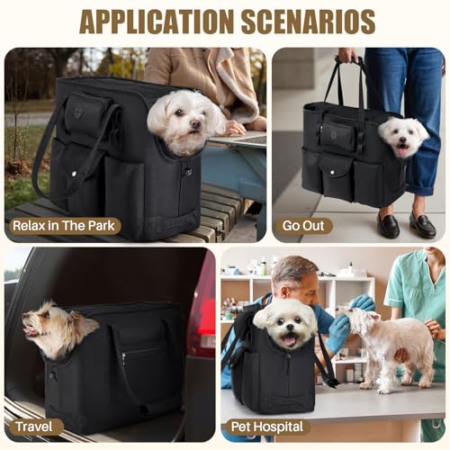 SlowTon Dog Purse Carrier - Portable Dog Carrier with Pockets & Safety Leash for Small Dogs Under 12 lbs, Breathable Pet Tote Bag for Cat Rabbit Outing, Travel, Vet (Black)