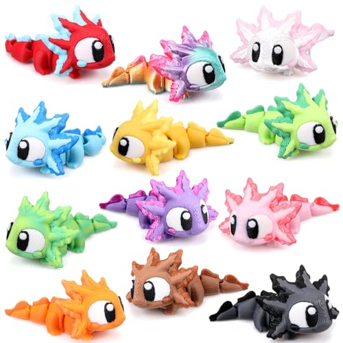 Honoson 12 Pcs 3D Printed Animals 5-7cm, Baby Axolotl Matte Style | Articulated Fidget Animals, Flexible 3D Printed Figures for Stress Relief, Cute Mini Joints for Party Favors and Display - size: 5-7cm, style: Baby Axolotl Matte Style