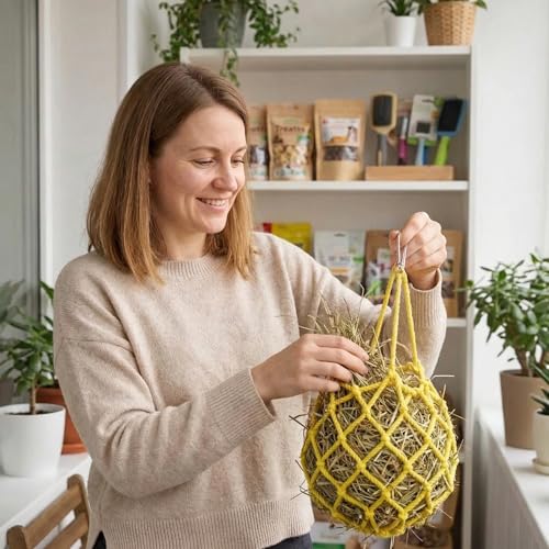 Yellow Rabbit Hay Feeder Mesh Bags, 13×11Inch Spherical Polyester Hay Pouch - color: Yellow