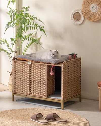 SETVSON Litter Box Enclosure Furniture with Divider, Cat Cabinet, Natural | Handwoven PE Rattan with Soft Litter Mat, 3.54-In Heightened Metal Feet, 2 S-Hooks, 31.2 x 19.6 x 24.2 In Spacious - color: Natural