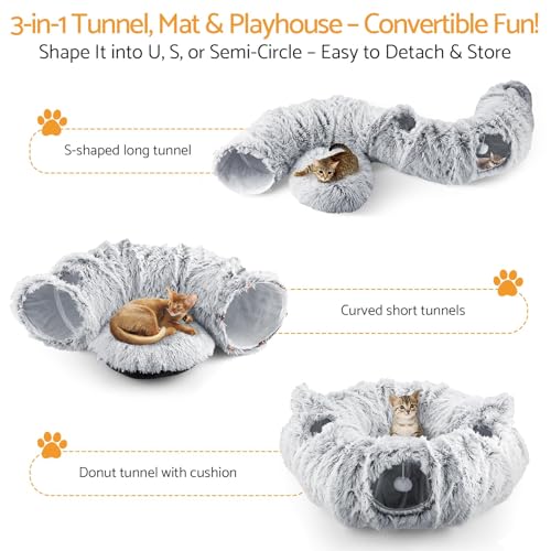 Cat Tunnel Cat Bed for Indoor Cats,Christmas Tree cat Tunnel 3-in-1 Foldable Plush Donut Tunnel with Washable Cushion, Peekaboo Cat Cave with Ears for Kittens, Puppy, Rabbit (Gray) - color: Gray