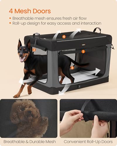 Feandrea Collapsible Dog Crate, Portable Travel Crate, 48-Inch | Oxford Fabric Pet Carrier with 4 Mesh Doors, Handles, Storage Pocket, Water Bottle Holder, UPDC022BH01 - size: XXXL (48"L x 29"W x 31"H)