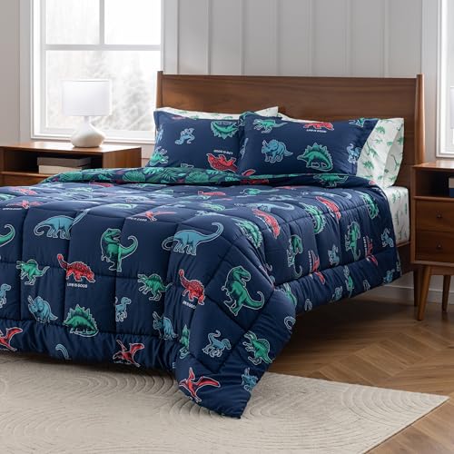 Berkshire LIG Printed Reversible Microfiber Comforter Set–7-Piece, Ultra Soft All-Season Bedding, Wrinkle & Fade Resistant, Full, Life was Good Dinos Navy - color: Life Was Good Dinos Navy, size: Full