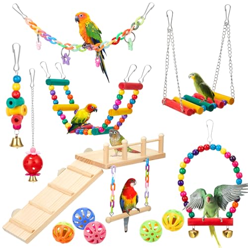 12 Pcs Parakeet Cockatiel Bird Toys,Basic Style | Parrot Swing Chewing Hanging Toys, Colorful Parrots Cage Accessories, Chew & Climb Play Set, for Lovebirds, Finches, Budgies - size: 6.49 x 4.13 x 10.43 inches