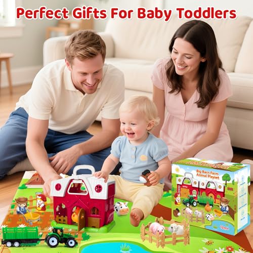 Farm Animal Toys for Toddlers 1-3, Big Barn Montessori Learning Playset | Animal Finger Puppets, Farm Mat and Tractor, Interactive Pretend Play, Christmas Birthday Gifts for 12-18 Months+