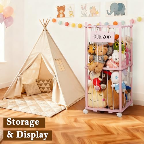 Stuffed Animal Storage Zoo, Wooden Stuffed Animal Organizer with Wheels | Stuffy Storage with Upgraded 5-Row Elastic Cords, Space-Saving Plush Toy Storage Holder for Playroom, Bedroom, Nursery - color: Pink, size: Small