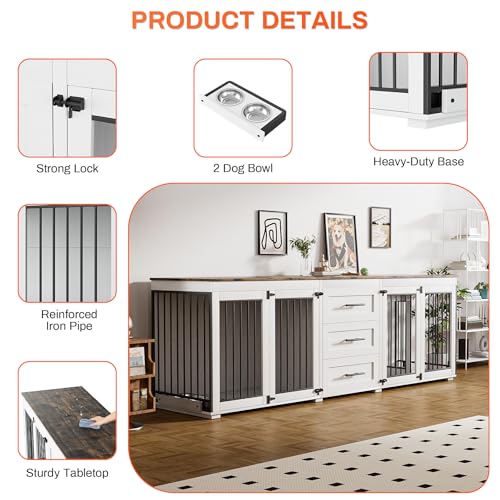 Rophefx 94.5" Dog Crate Furniture for 2 Dogs, Wooden Kennel,White Brown | Indoor double dog house with 3 storage drawers, 4 feeding bowls, lockable doors, and a wide top for large and medium dogs - color: White Brown