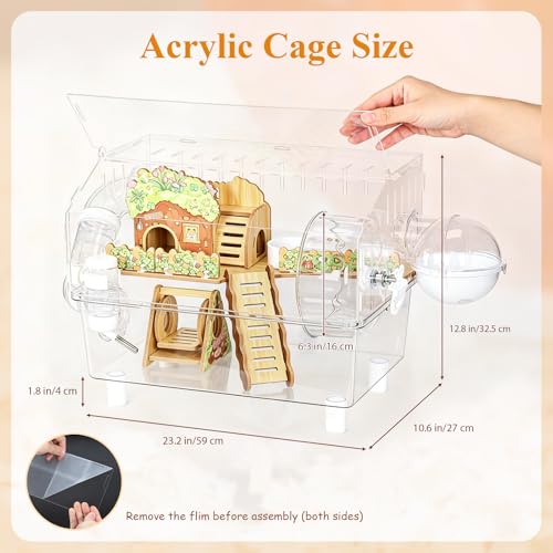 Acrylic Hamster Cage 2 Tier 23 Inch with Transparent Base | All Accessories Included, Large Silent Dwarf Hamsters Wheel, Tunnel Enclosure, Wood Hideout, Swings for Gerbils Mice
