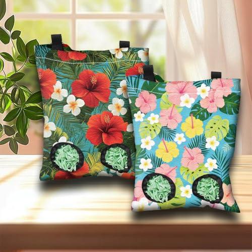 2Pcs 2 Styles Guinea Pig Hay Feeder Rabbits 11.6 x 9.1 Inch Tropical Flowers Design, Hanging Hay Holder Cloth Washable Feeding Storage Bag with 2 Holes for Rabbit Bunny Chinchillas Hamsters - color: Flower-2